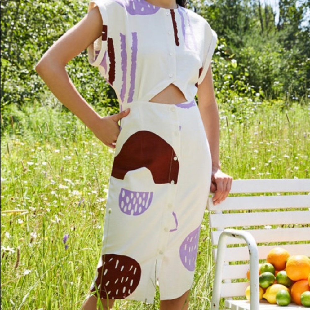 Eve Gravel Cream Midi Dress with Purple and Brown Abstract Print